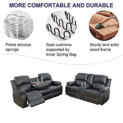 A Ainehome Living Room Furniture Set Leather Recliner Sofa Set Loveseat Chair Furniture Sofa Set for Living Room/Small Space/Rv/House/Office/Theater Seating (A-Black Leather, Sofa+Loveseat) - color: Black Leather, size: Sofa+Loveseat
