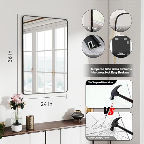 36x24 Bathroom Mirror Rect Wall Mounted Aluminum Metal Frame Black | HD Crystal Clear Tempered Glass,Make-Up Vanity Mirrors for Bedroom,Entryway,Bathroom,Living Room,Horizontally or Vertically - color: Black, size: 24"L x 36"W