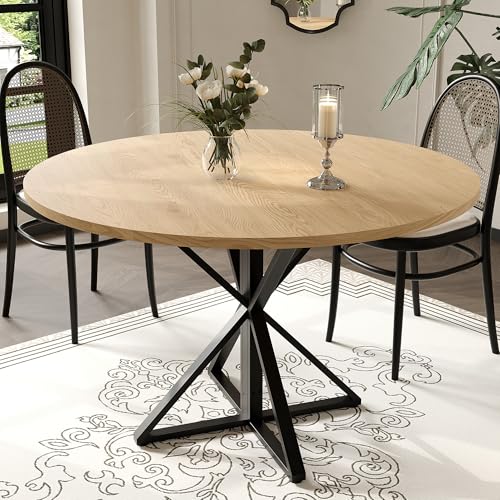 GarveeHome 47 Inch Round Dining Table for 4-6-Oak/Only Table | Circle Kitchen Table with Pedestal Base, Farmhouse Wooden Dining Table for Small Spaces, Kitchen & Dining Room, Living Room - color: Oak