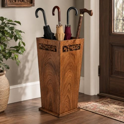 Antique Wooden Umbrella Stand & Walking Cane Holder for Home, Office & Entryway | Hand-Carved Solid Wood Umbrella & Cane Storage Rack | Size 21.5 x 8 x 8 in, Base 7.5 x 7.5 inches (Solid)