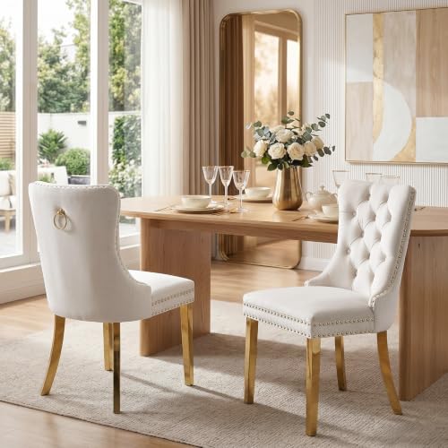 Velvet Upholstered Dining Chairs Set of 2, Modern Style Kitchen Side Chairs with Nailhead Trim and Gold Plated Leg, Metal Pulling Ring for Dining Room Living Room(Beige-Gold Plated Leg) - color: Beige-gold Plated Leg, size: Set of 2