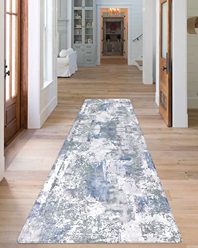 famibay 2x8 Runner Rug, Modern Runners for Hallways Non Slip, Washable Kitchen Runner Rugs, Abstract Low Pile Soft Carpet Runners for Hallway Bedroom Bathroom(Blue/Grey) - color: Blue and Grey, size: 2 x 8 feet