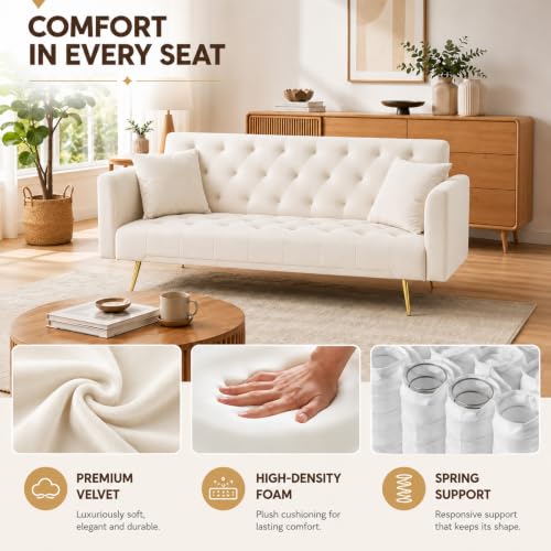 Anwick 72''Modern Velvet Sofa Bed Futon,Convertible Folding Sleeper Couches with 3 Adjustable Backrests,Tufted Recliner Loveseat with Golden Chrome Legs for Living Room Apartment Office (Beige) - color: Beige