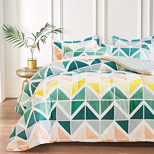 UOZZI BEDDING Bed in a Bag 7 Pieces Queen Size Yellow Green Triangles Print - Soft Microfiber Reversible Bed Comforter Set (1 Comforter 2 Pillow Shams 1 Flat Sheet 1 Fitted Sheet 2 Pillowcases) - color: Colorful Cubes, size: Queen-7 Pieces