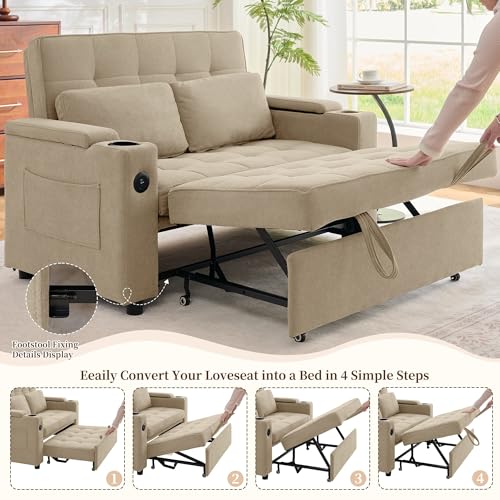 Korser 55.5'' 3-in-1 Convertible Sofa Bed, Pull Out Couch with 5-Position Adjustable Backrest, Loveseat Sleeper Sofa for Small Spaces, Sofa Couch with Cup Holders for Living Room, Office, Chenille - color: Khaki