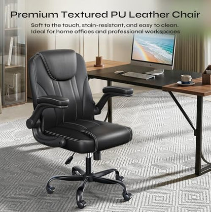 PU Leather Mid-Back Office Chair, Flip-Up Arms, 3.5" Dual-Layer Cushion | PU leather mid-back chair with 3.5" dual-layer cushion, flip-up armrests, swivel wheels, and pneumatic height adjustment - color: Black