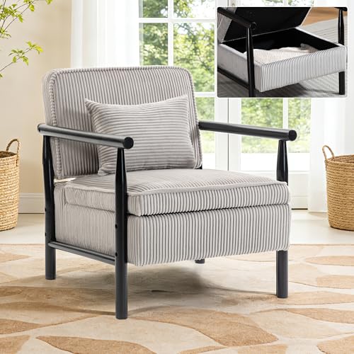 Accent Chair, Comfy Modern Lounge Reading Arm Chair with Storage | Corduroy Upholstered Lounge Arm Chair with Solid Wood Reading for Living Room/Balcony/Bedroom-Gray - color: Storag-corduroy-gray