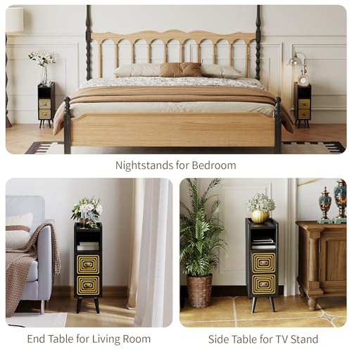 Narrow Nightstands Set of 2, Mid-Century Modern Bedside Table with Carved Drawer and Storage Shelf, Farmhouse Slim Side End Table for Bedroom and Living Room - color: Black-narrow Nightstands Set of 2