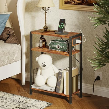 TRIFEBLE Narrow Side Table with Charging Station, Small End Table for Small Spaces, Slim Nightstand with Storage Basket, 3 Tier Skinny Bedside Table for Living Room, Bedroom, Rustic Brown - color: Rustic Brown