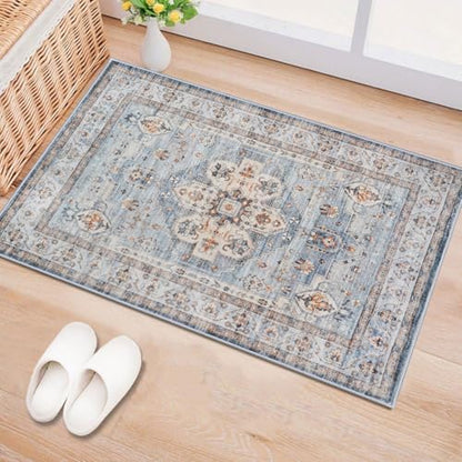 Washable Hallway Runner Rug 2x3: Living Room Rug Farmhouse Distressed Mat | Non Slip Runner Rugs with Rubber Backing Blue- Soft Kitchen Rug - Farmhouse Distressed Carpet Runner for Bedroom Bathroom - color: Blue, size: 2' x 3' (Rectangular)
