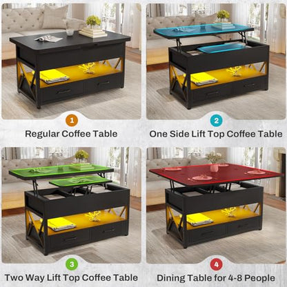 Itaar 40" Lift Top Coffee Table, 4 in 1 Coffee Tables with Storage for Living Room, Small Farmhouse Coffee Table with 2 Drawers & LED Light for Dining Reception Room, Black - color: Black