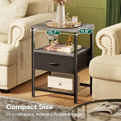 Huuger Night Stand with Fabric Drawer, Side Table with Mesh Shelf, Bedroom Nightstand, Fabric Drawer Dresser, Open Shelf, Metal Frame, Couch Side, Charcoal Gray | Bedroom Nightstand, Fabric Drawer Dresser, Open Shelf, Metal Frame, Couch Side, Charcoal Gra