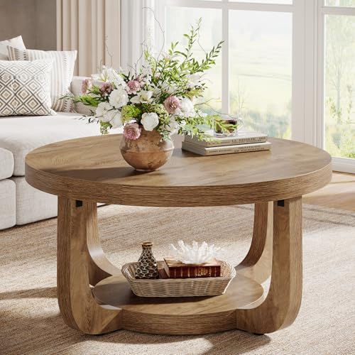 Tribesigns Round Coffee Table, 2-Tier Circle Coffee Table with Storage, Modern Wooden Accent Center Table for Living Room, Thick Tabletop & Base (Rustic Oak) - color: Rustic Oak