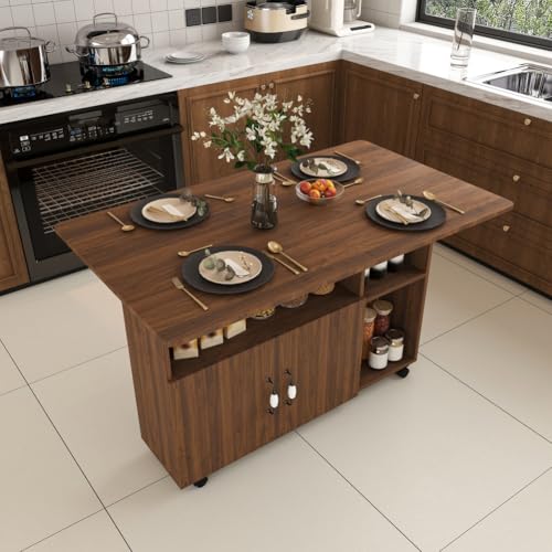 Folding Dining Table with Wheels, Drop Leaf Dinner Table with 2-Layer Storage, Space Saving Table for Small Spaces, Kitchen, Dining Room (Walnut) - color: Walnut