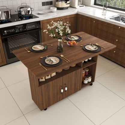 Folding Dining Table with Wheels, Drop Leaf Dinner Table with 2-Layer Storage, Space Saving Table for Small Spaces, Kitchen, Dining Room (Walnut) - color: Walnut