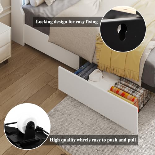 Queen Bed Frame with LED Lights & Charging Station, Upholstered Bed Frame Queen Size with Storage Headboard & 2 Drawers, Diamond Tufted, Curved Wingback, PU Leather, No Box Spring Needed, White - color: White, size: Queen