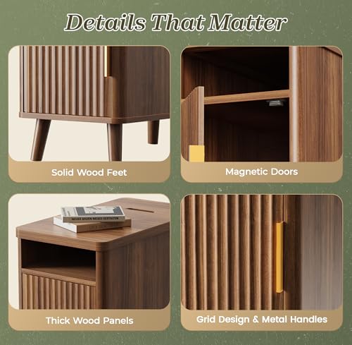 Huuger Narrow End Table with Charging Station, USB-C Port | Fluted Nightstand with Storage Cabinet, Back Rack, Farmhouse Side Table for Small Spaces, Night Stand, Walnut - color: Walnut