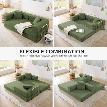 HANXIN 78 Inch Convertible Sleeper Sofa Bed, Folding Floor Mattress Couch with Fixed-Shape Frame, Futon Boneless Couch Lounge Loveseat with Pull Out Bed, No Assembly Required (Green) - color: Green, size: 78" Loveseat Sofa Bed