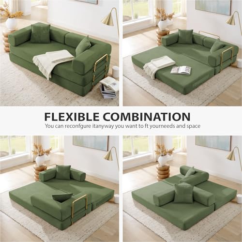 HANXIN 78 Inch Convertible Sleeper Sofa Bed, Folding Floor Mattress Couch with Fixed-Shape Frame, Futon Boneless Couch Lounge Loveseat with Pull Out Bed, No Assembly Required (Green) - color: Green, size: 78" Loveseat Sofa Bed
