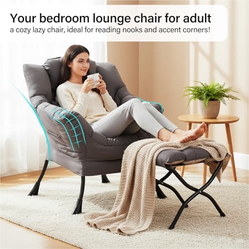 Lazy Chair with Ottoman, Reading Chair with Pillow，Dark Grey | Comfy Accent Lounge Chair with Pillow & folding Foot Stool, sturdy metal frame for bedroom, dorm or apartment, Living Room - color: Dark Grey