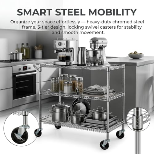Finnhomy 3 Tier Heavy Duty Commercial Grade Utility Cart, Wire Rolling Cart with Pushing Handle Bar, Steel Metal Kitchen Service Trolly with Wheels, Shelf Size 18" D x 36" W, NSF, Chrome - size: 36"L x 18"W x 35.4"H-3 Tier, style: Chrome Cart