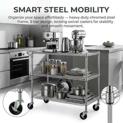 Finnhomy 3 Tier Heavy Duty Commercial Grade Utility Cart, Wire Rolling Cart with Pushing Handle Bar, Steel Metal Kitchen Service Trolly with Wheels, Shelf Size 18" D x 36" W, NSF, Chrome - size: 36"L x 18"W x 35.4"H-3 Tier, style: Chrome Cart