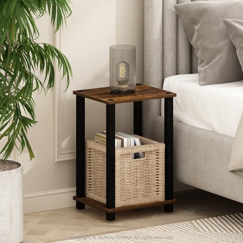 Furinno Simplistic Night Stand, 2-Tier Small Nightstand with Open Shelf, Toolless Assembly Bedside Table, End Table, Side Table, for Bedroom, Closet, Dorm, Amber Pine - color: Amber Pine/Black, size: 2-Tier, Square Tubes