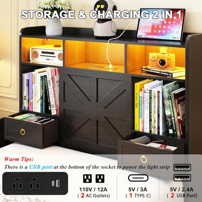 Twin Bed Frame with Storage Headboard, Farmhouse Platform Bed Frame with Bookshelf, Drawers, LED Lights and Charging Station, Metal Slats Support, Noise Free, No Box Spring Needed, Black - size: Twin