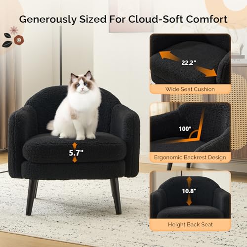 VINGLI 30.3" Wide Modern Barrel Accent Armchairs Set of 2 with Track Armrest, Solid Wooden Legs, Comfy Upholstered Club Chairs, Single Home Sofa for Living Room, Bedroom, Reading,Teddy Fleece Black - color: Black