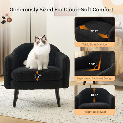 VINGLI 30.3" Wide Modern Barrel Accent Armchairs Set of 2 with Track Armrest, Solid Wooden Legs, Comfy Upholstered Club Chairs, Single Home Sofa for Living Room, Bedroom, Reading,Teddy Fleece Black - color: Black