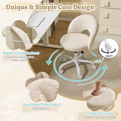 VINGLI Small Vanity Chair with Faux Fur Wheels for Girls,Cute Adjustable Height Armless Office Desk Chair,360°Swivel Comfy Rolling for Study,Make up Room,Small Space,Khaki - color: Furry Khaki