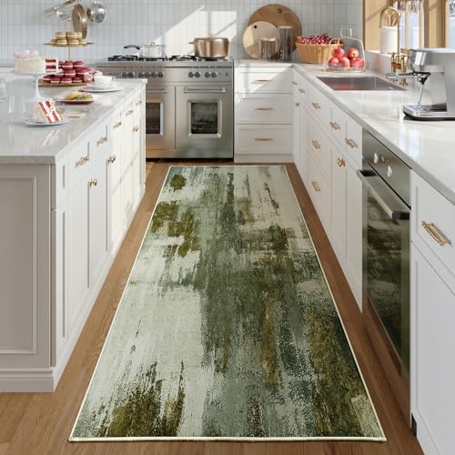 Kelarea Washable Runner Rug 2x6, Non-Slip Low Pile Abstract Green | Water & Stain Resistant, Pet Friendly, Easy Clean, Ultra Soft, for Entrance, Kitchen, Bedroom, Hallways - color: Green, size: 2' x 6' (Rectangular)