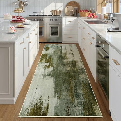 Kelarea Washable Runner Rug 2x6, Non-Slip Low Pile Abstract Green | Water & Stain Resistant, Pet Friendly, Easy Clean, Ultra Soft, for Entrance, Kitchen, Bedroom, Hallways - color: Green, size: 2' x 6' (Rectangular)