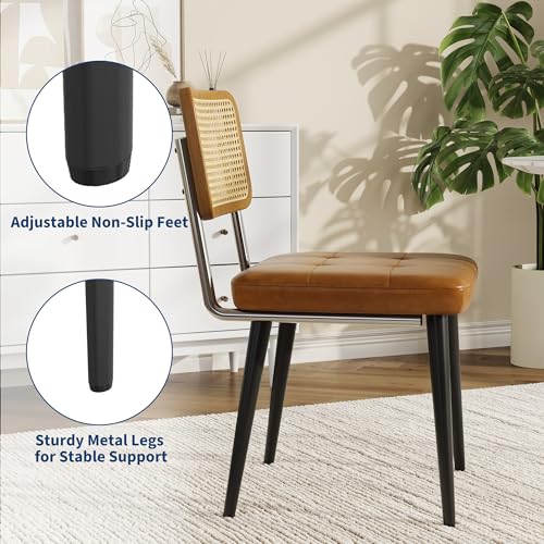 Garvee Rattan Dining Chairs Set of 2, Upholstered Dining Room Chairs with Rattan Backrest, Armless Side Chairs for Kitchen Living Room, Restaurant, PU Leather, Brown | Upholstered Kitchen Chairs with Rattan Backrest, Armless Side Chairs for Kitchen, Livin