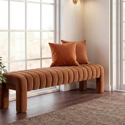 63" Bedroom Bench, Upholstered Entryway Bench, Modern End of Bed Ottoman with Solid Wood Legs and Adjustable Foot Pegs for Entryway, Dining Room and Living Room (Brown Velvet) - color: Brown Velvet, size: 63"