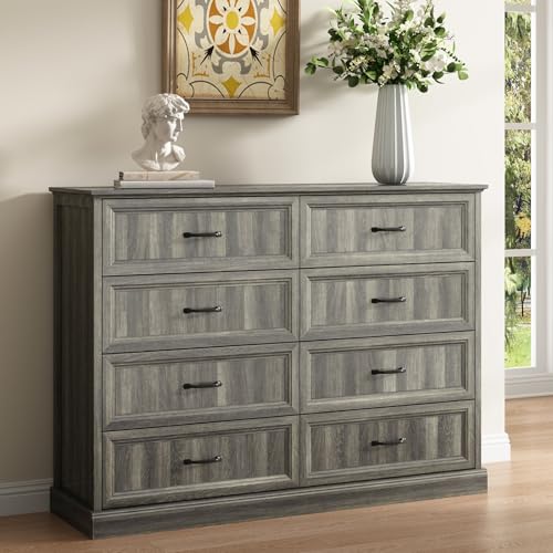 Farmhouse 8 Drawer Dresser for Bedroom, 55" Grey Dresser with TV Stand | Wide Dresser with Large Drawers & Bar Handles, Rustic Wood Chest of Drawers for Living Room, Hallway, Entryway. - color: Grey, size: 16"D x 55"W x 41"H (8 Drawers)