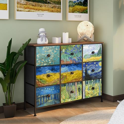 EXOTICA Van Gogh 9 Drawers Dresser Wide TV Stand Colorful Dressers & Chest of Drawers Enterway Furniture for Bedroom Living Room Hallway Closets Steel Frame Wood Top - size: 39.1"D x 11.8"W x 30.5"H (9 Drawers)
