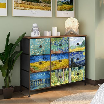 EXOTICA Van Gogh 9 Drawers Dresser Wide TV Stand Colorful Dressers & Chest of Drawers Enterway Furniture for Bedroom Living Room Hallway Closets Steel Frame Wood Top - size: 39.1"D x 11.8"W x 30.5"H (9 Drawers)