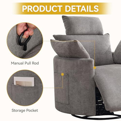 Manual Recliner Chair，Swivel Glider Rocking Chair Nursery, Light Grey | Barrel Nursery Glider Recliner with 2 Side Pockets, Adjustable Headrest, 30° Silent Rocking, 2 Pillows for Living Room - color: Light Grey, size: Manual