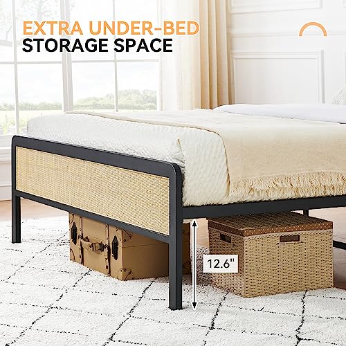 IDEALHOUSE Rattan Queen Size Bed Frame with Natural Rattan Headboard, Cane Boho Queen Size Platform Bed Frame,Natural Bed Frame No Box Spring Needed, Noise-Free, Easy Assembly(Black)