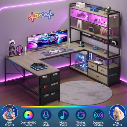 busyeah U-Shaped Gaming Desk with Storage Shelves & 3 Drawers, Oak Gray | Reversible Computer Desk with LED Lights & Charging Station, Gaming Desk with Hutch and Pegboard for Home Office, Gamers - color: Oak Gray