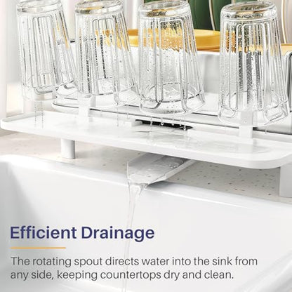 SNTD 304 Stainless Steel Dish Drying Rack for Small Kitchen Counter, White | Rustproof, Large Capacity, Heavy-Duty Frame, Rotating Spout, Angled Drainboard, Removable Cup & Utensil Holder - color: White