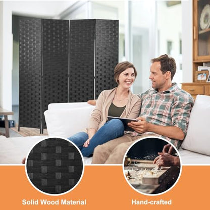 BLKMTY Room Divider, 6ft Folding Privacy Screens, Wall Divider Portable Room Seperating Freestanding Wood Screen, 4 Panels Hand-Woven Design Screen Double Hinged Dividers for Bedroom, Black - color: Black