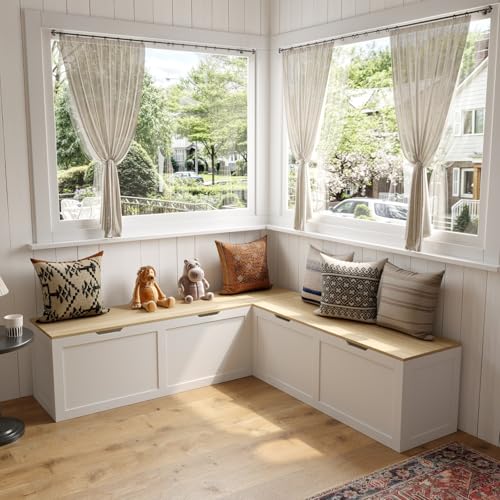 L Shaped Breakfast Nook Bench with Hidden Storage, 63 Inch Corner Dining Bench for Small Kitchen, Breakfast Nook for Dining Room, Entryway, Oak 63”L x 63”W x 17.7”H - color: Oak and White