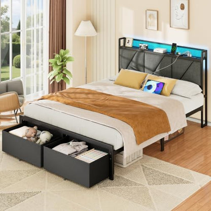 Queen Bed Frame with 2 Storage Drawers & Upholstered Headboard | Metal Platform Bed with Storage Shelf, Charging Station, LED Lights and Heavy-Duty slats, No Spring Box Needed, Noise-Free - size: Queen, style: Bed Frame with Drawer