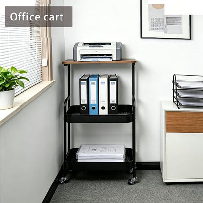 3-Tier Metal Rolling Utility Cart with Walnut-Textured Top on Wheels Craft Cart and Side Table for Bedside, Kitchen, Office, Bathroom & Craft Room