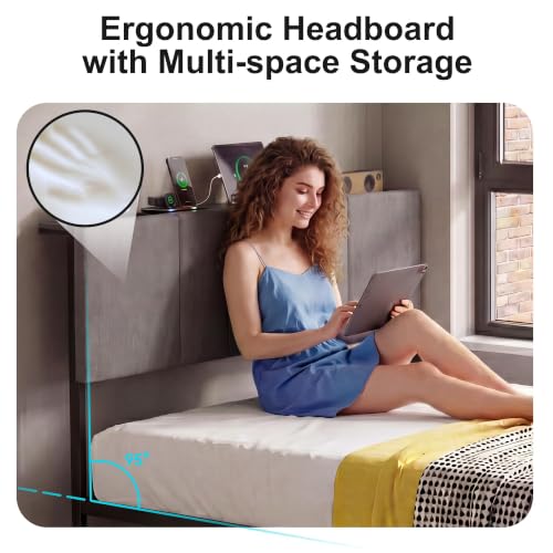 J.Fkne Queen Bed Frame with Charging Station and LED Lights, Metal Platform Bed with 2 Storage Drawers, Upholstered Headboard, Noise Free, No Box Spring Needed, Easy Assembly