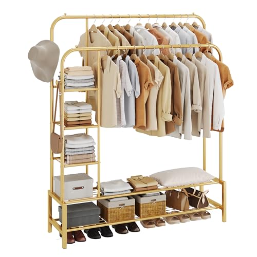 JOISCOPE Double Rods Portable Garment Rack for Hanging clothes, 49.4 * 64.5 Inch Metal Clothing Rack with Bottom Shelves and 4 Hooks,Freestanding Clothes Rack for Bedroom,Space Saving, Gold