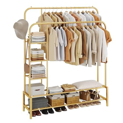 JOISCOPE Double Rods Portable Garment Rack for Hanging clothes, 49.4 * 64.5 Inch Metal Clothing Rack with Bottom Shelves and 4 Hooks,Freestanding Clothes Rack for Bedroom,Space Saving, Gold
