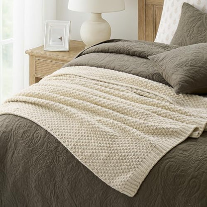 EVERGRACEHOME Chunky Chenille Knit Throw Blanket, 50 x 60, Beige | Sculpted Moss Stitch, Chic Modern Farmhouse, All-Season Warmth, OEKO-TEX® Certified, Elegant Blanket for Couch, Bed, Sofa - color: Beige, size: 50" X 60"